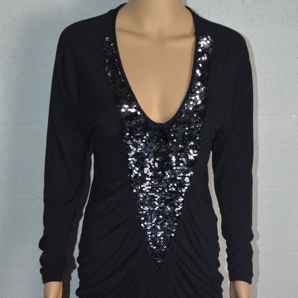 Double Zero Black Sequin V Neck Long Sleeve Dress Style# 11F380 Size S